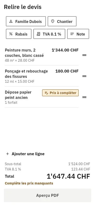 Écran Relire le devis : trois postes avec quantités et prix, un poste marqué « Prix à compléter », sous-total, TVA 8.1 % et total de 1'647.44 CHF.