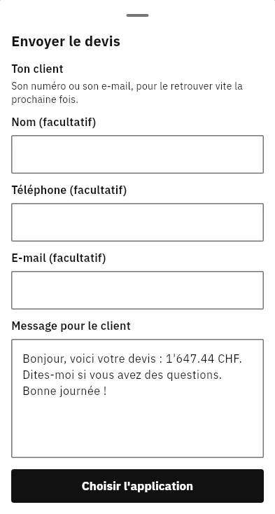 Feuille Envoyer le devis : coordonnées du client facultatives, message prêt à envoyer, bouton Choisir l'application.